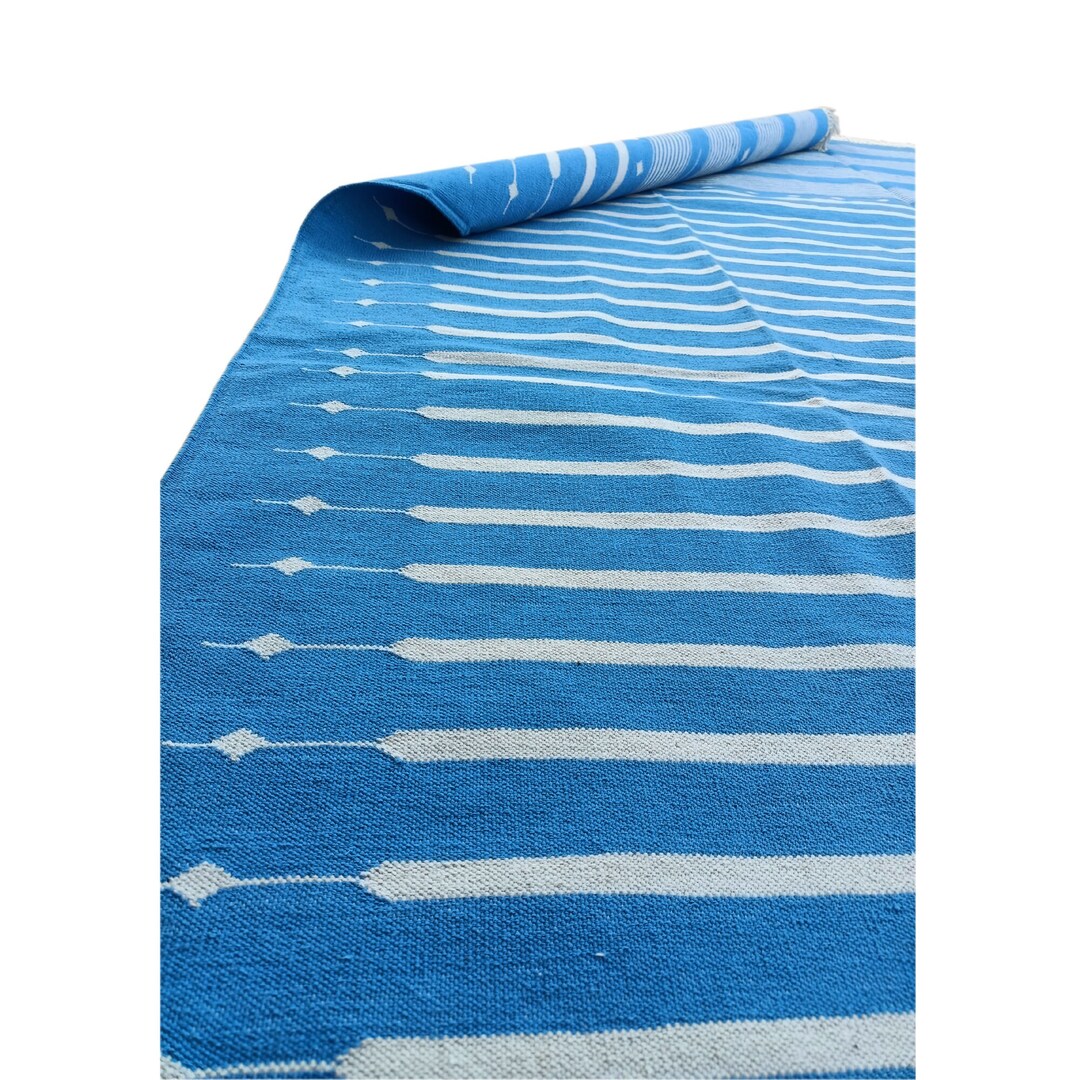 Blue 7X10 Rug Blue Striped Rug Flatweave Cotton Rug, Tapis Rug, Large