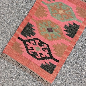 Tapete Kilim de juta e lã trançada à mão: Boho Flatweave Dhurrie - 2x3 Estilo Vintage
