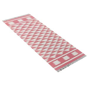 Handmade Pink And White Cotton Dhurrie Rug For Living Room | Bed Side | Pink Large Runner Rug | Cotton Rug | Handmade Runner Kilim Rug