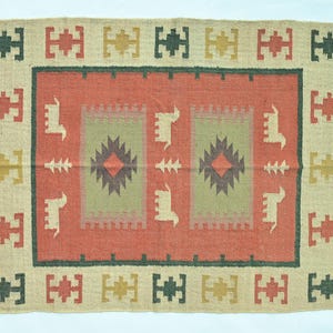 Wall Tapestry Handwoven Wool Jute Kilim Dhurrie Rug, Traditional Indian Boho Area Rug for Living Room and Bedroom