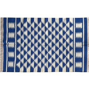 Handmade Cotton Area Flat Weave Rug, Natural Vegetable Dyed, 3x5 Blue And White Geometric Indian Dhurrie Rug, Kilim Rug, Wall Tapestry