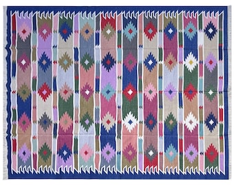 Handwoven Cotton Kilim Rug 8x10, Indian Geometric Decor Carpet