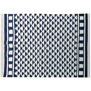Royal Blue and White Kilim Rug, Modern Handwoven Cotton Flatweave Carpet, Minimalist Boho Decor, Reversible Floor Rug, Checked Accent