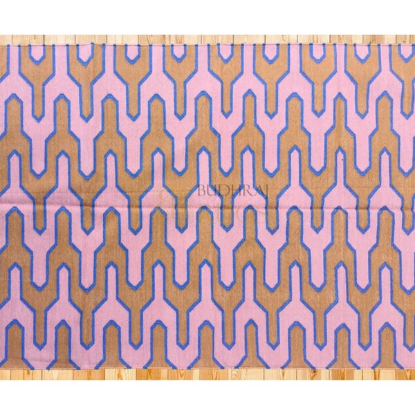 Handmade Cotton Rugs- Washable Flat Woven Area Modern Brown, Pink  Blue Border Rugs - 3x5 feet