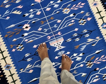 Blue Cotton Dhurrie Rug: Handmade Indian Checked Kilim