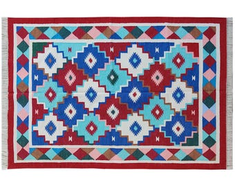 Multicolor Handwoven Cotton Kilim Rug - Natural Vegetable Dye, Flatweave Rug for Living Room, Navajo Inspired Decor