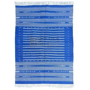 Blue Handmade Cotton Area Rug Flat Weave Natural Vegetable Dyed Rug Indian Dhurrie Rug Reversible Striped Wall Tapestry
