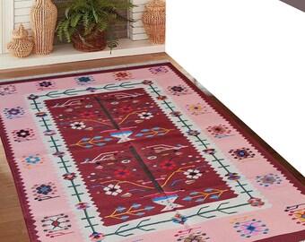 Handmade Multicolor Dhurrie Rug 4x6 Ft – Handwoven Tree of Life Cotton Flat Weave Rug, Indian Boho Area Carpet for Home Decor