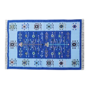 Blue-Multi 3x5 Cotton Designer Traditional Indian Dhurrie Rugs.