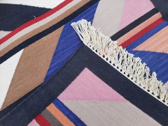 手織りコットンキリムラグ：カラフルな幾何学模様のダリー、2 x 3