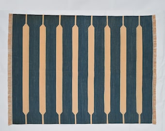 Tapis dhurrie en coton fait main : tissage plat indien à rayures bleues