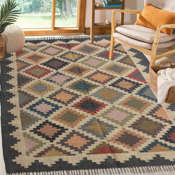 Handwoven Wool Jute Kilim Rug: Grey Geometric Dhurrie, 4x6
