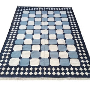 Blue Royal Modern Rug Handmade Cotton Area Rug Flatweave Rugs Multi Size Natural Vegetable Dyed Indian Dhurrie Reversible Kilim Home Decor