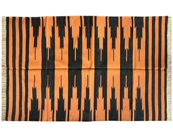 Alfombra india Dhurrie tejida a mano: Kilim de algodón naranja y azul (3x5)