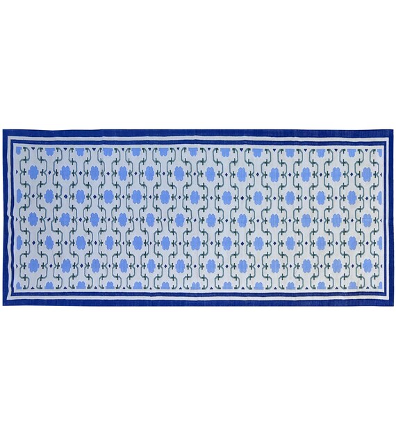 Handmade Blue Cotton Kilim Rug: Rustic Boho Floor Accent