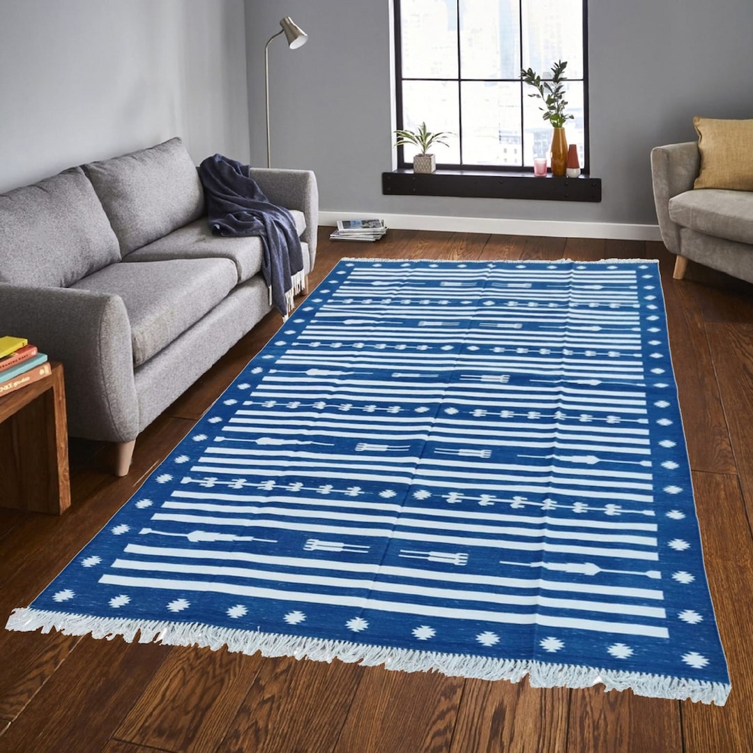 Blue and White Striped Dhurrie Rug: Handwoven Cotton Flat Weave - Etsy