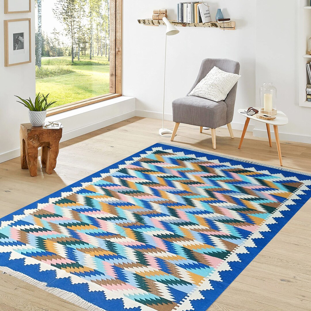 5X7 Flatweave Indian Dhurries/handmade Blue Rug Handmade Etsy