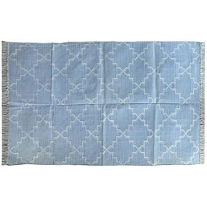 Modern Handmade Cotton Area Flat Weave Rug, Natural Vegetable Dyed, Sky Blue & White Reversible Indian Dhurrie, Wall Tapestry 3x5 feet