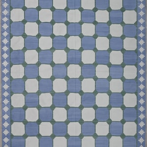 Swedish Blue Green Tile Handmade Cotton Area Flat Weave Rug. Natural Vegetable Dyed. Indian Dhurrie, Kilim Rug, Wall Tapestry