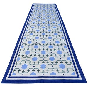 May include: A long white runner rug with a blue and green geometric pattern. The rug has a blue border.