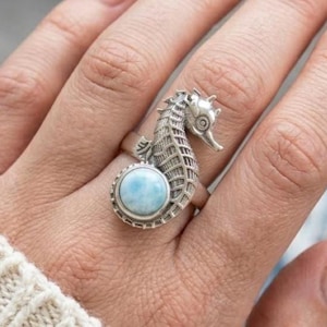 May include: A silver seahorse ring with a round, light blue gemstone. The seahorse design has detailed scales and a curved tail. The ring is worn on a finger, showcasing the intricate craftsmanship and unique style.