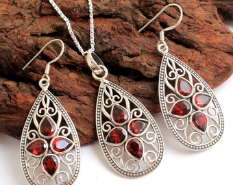 Ciondolo in granato rosso, orecchini in granato, set di collane fatte a mano, argento sterling 925, collana a catena lunga, timbrato 925