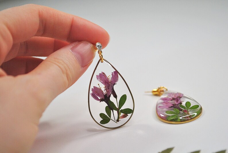 Pink resin earrings with real flowers cherry