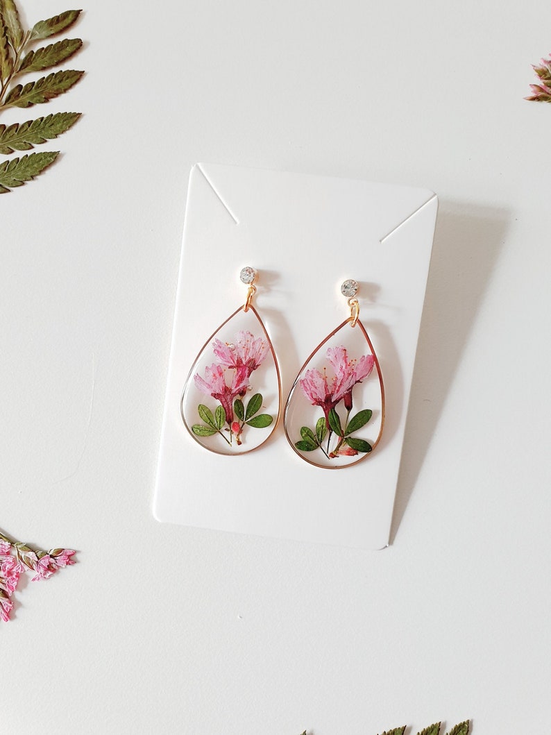 Pink resin earrings with real flowers cherry