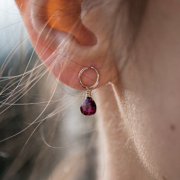 Dainty rhodolite garnet briolette drop earrings, gold filled drop earrings, delicate earrings, gift for her mom, dark red gemstone earrings