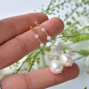 Labradorite baroque pearl bridal drop earrings, gold long gemstone earrings, bridal pearl drop earrings, pearl earrings, gift for her