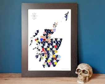 May include: A framed print of a map of Scotland, with each county represented by a different football jersey. The map is white with a dark blue frame.