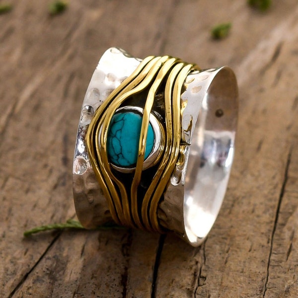 Fidget Two Tone Ring Silver Two Tone Ring Turquoise Ring Copper Wired Rapped Ring For Women Wide Band Hammered Ring Anxiety Ring Fidget Ring