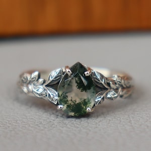 Drop Moss Agate Ring, 925 Sterling Silver Branches Ring, Leaves Celestial Ring, Nature Inspired Ring, Anniversary Gift, Moss Agate Ring