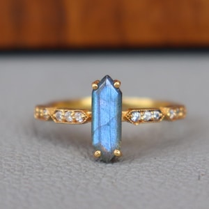 Genuine Bar Hexagon Labradorite Ring, 18k Gold Plated, 925 Sterling Silver Ring, Unique Labradorite Ring, Gold Labradorite Ring Gift For Her