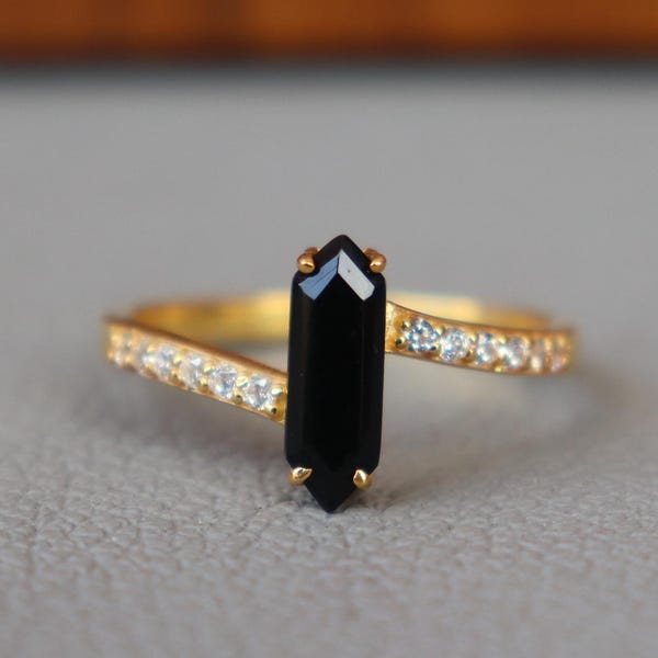 Echte zwarte onyxring, rechthoekige zeshoekige staaf edelsteenring, 18k goud, 925 sterlingzilveren ring, handgemaakte ring, huwelijkssieraden cadeau