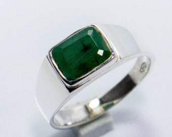 Genuine Emerald Signet Men's Ring - Cushion Signet Men's Ring - Men's Emerald Ring - 925 Sterling Silver Ring - Christmas Day Gifts Ring