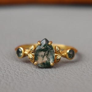Moss Agate Ring, 18k Gold Plated Ring, Nature Inspired Leaf Branches Ring, Everyday Wear Unique Gold Ring, Dainty Ring Gift