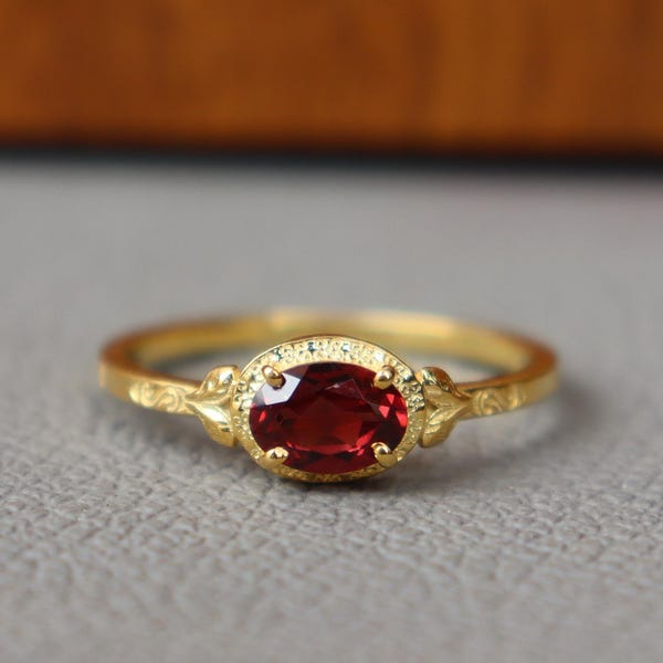 Natural Red Garnet Ring, Nature inspired Ring, Sterling Silver 18K Gold Plated Ring, Dainty Garnet Jewelry, Women Ring, Gift Her