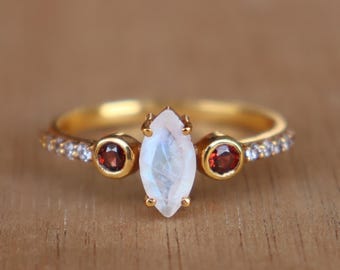 Pierścionek z naturalnym kamieniem księżycowym i granatem, 18-karatowe złoto vermeil, pierścionek zaręczynowy, pierścionek ze srebra próby 925, ręcznie robiony pierścionek, prezent rocznicowy dla niej