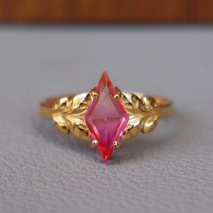 Anillo de plata con rubí rosa facetado y diseño de hojas naturales, anillo de plata de ley 925, anillo de oro de 14 quilates, anillo con diseño de hoja de árbol, anillo de boda, anillo de promesa para mujer.