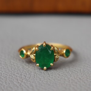 14K Gold Emerald Ring, Nature Inspired Leaf And Branches Ring, Handmade Gold Ring, Women&#39;s Silver Levaes Ring, Green Forest Ring, Gift Her