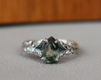 Drop Moss Agate Ring, 925 Sterling Silver Branches Leaves Celestial Nature Inspired Anniversary Gift