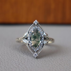 Anillo de ágata musgosa natural, anillo de hoja marquesa, plata de ley 925, delicado anillo de media luna, anillo de boda, anillo de aniversario, regalo para ella.