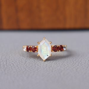 Hexagon Moonstone Garnet Ring, 14K Gold Ring, Engagement Ring, 925 Silver Ring, Handmade Solitaire Ring, Anniversary Gift For Her