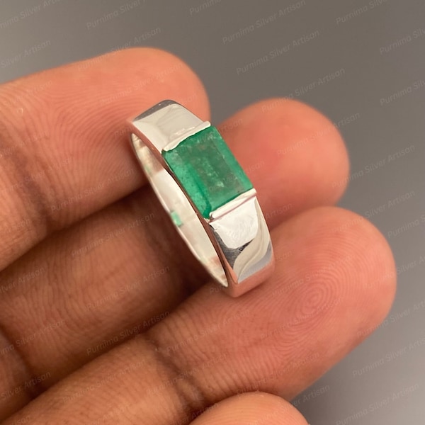 Natural Emerald Signet Men's Ring Signet Men's Ring Men's Light Sparkle Emerald Ring 925 Sterling Silver Ring Christmas Day Gifts Ring