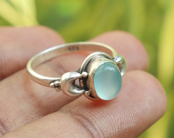 Aqua Chalcedony Ring Silver 925 Sterling Silver Ring Oval Ring Women Silver Band Ring Promise Ring Handmade Chalcedony Silver Ring