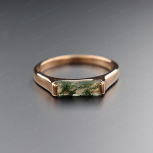 Baguette Moss Agate Silver Ring Femmes Moss Agate 925 Sterling Silver Ring Rectangle Bar Moss Agate Ring Baguette Unisex Ring Men And Women