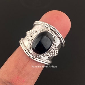 Black Onyx Oval Gemstone Heavy Design Ring, 925 Sterling Silver Bohemian Design Wide Band Ring, Handmade Dot Design Christmas Gift Jewelry