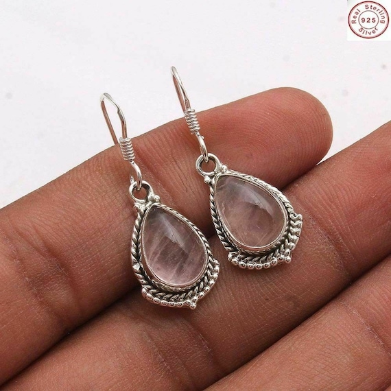 Rose Quartz Sterling Silver Earrings with a Round Faceted Gemstone Drop