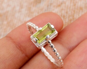 Peridot Baguette Ring, Wired Ring, Handmade Ring, Women Sterling Silver 925 ~ Rectangular Stone ~ Jewelry ~ Handmade ~ Boho ~ Stackable